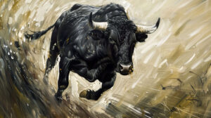 Black bull charges through a field energy portrayed in vibrant brushstrokes in the wallpaper named Dynamic Bull