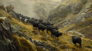 Black sheep herd moving along a rough hillside their woolly bodies seamlessly blending with the rocky terrain in the wallpaper