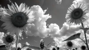 Bold black and white sunflowers stretching towards the sky contrasting colors creating depth and fascination are captured in this wallpaper