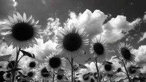 Bold sunflowers in black and white with contrasting hues adding depth and intrigue stretch towards the sky in Sunflower Sky