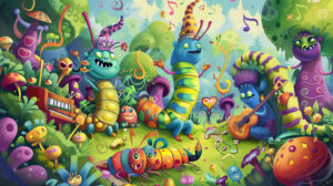 Captivating wallpaper featuring lively caterpillars happily dancing and playing musical instruments in a vibrant garden