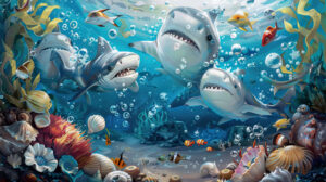 Captivating wallpaper portraying charming sharks playfully interacting with seashells and seaweed in an underwater setting