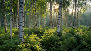 Captivating wallpaper showcasing a birchwood grove bathed in the soft morning light where delicate white trunks emerge from a lush bed of green ferns