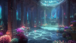 Captivating wallpaper showcasing a majestic Atlantis palace decorated with luminous coral evoking a mesmerizing royal ambiance