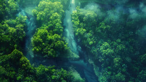 Captivating wallpaper showcasing a rainforest from above displaying serpentine rivers and lush colorful canopies