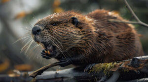 Capture a beavers focused activity as it nibbles on a branch revealing its hardworking demeanor and formidable teeth