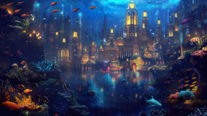 Capture the Atlantis skyline at night showcasing illuminated towers and aquatic creatures engaged in a celestial dance in this wallpaper titled Nighttime Dance of Atlantis