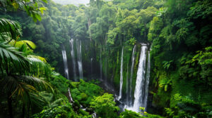 Capture the beauty of a tropical rainforest panorama showcasing cascading waterfalls and diverse flora in the wallpaper file named Tropical Rainforest Panorama.jpg
