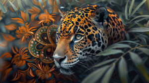 Capture the beauty of wild and intricate elements in the wallpaper named Ethereal Jaguar Mandala Fusion