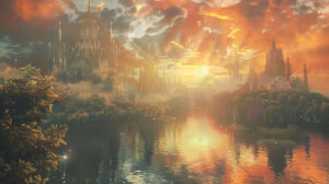 Capture the enchanting essence of Atlantis cityscape as the sun sets emanating a magical and warm glow in Atlantis sunset mystical cityscape.jpg