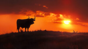 Capture the enduring beauty of a solitary black bull perched on a hill its stark outline set against a vibrant sunset in fiery sunset backdrop wallpaper