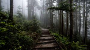 Capture the essence of a mist covered rainforest with tall trees and hidden trails crafting a mesmerizing setting in the wallpaper