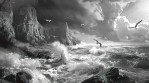 Capture the eternal allure of a monochrome seascape featuring crashing waves against rugged cliffs and graceful seagulls gliding above
