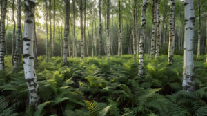 Capture the magical essence of a tranquil birchwood grove in the soft glow of early morning where delicate white trunks pierce through a lush carpet of ferns