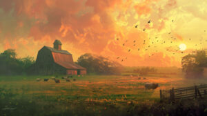 Capture the serene charm of a twilight barnyard with gentle pastel hues farm animal silhouettes against the sunset and a tranquil ambiance in this wallpaper