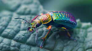 Capture the stunning details of a vibrant beetle on a leaf in a macro wallpaper revealing the beauty of natures tiny marvels