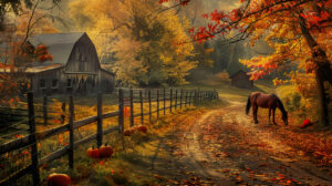 Capture the tranquil essence of autumn in a rustic barnyard scene with colorful leaves scattered pumpkins and a horse grazing near a wooden fence