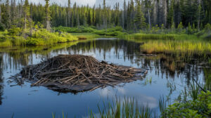 Capture the tranquil grace of a beaver pond where hardworking mammals gather materials for their snug lodges in the heart of nature