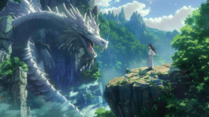 Capturing a guardian dragon in anime style this wallpaper shows it standing watch over a hidden treasure trove steeped in ancient secrets