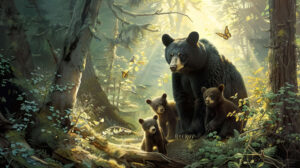 Capturing a heartwarming moment of family unity and adventure a mother black bear and her cubs explore a lush woodland in this wallpaper