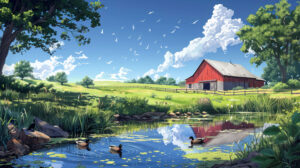 Capturing a lively farm setting with vibrant green fields a pond mirroring the blue sky and ducks serenely swimming this wallpaper radiates tranquility