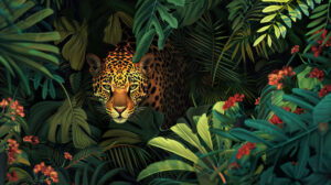 Capturing a lush jungle setting seamlessly integrating a concealed jaguar into its environment in the file named blending in the wild.jpg