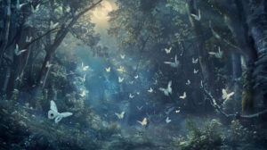 Capturing a magical forest ambiance at night with moonlight gently seeping through the trees illuminating a cluster of captivating moths