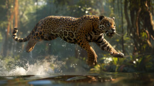 Capturing the agility and power of a mid leap jaguar this wallpaper features a dynamic action scene