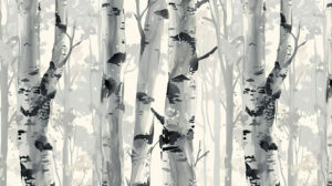 Capturing the calm essence of a serene forest a wallpaper showcasing abstract birchwood tree patterns in shades of gray and white