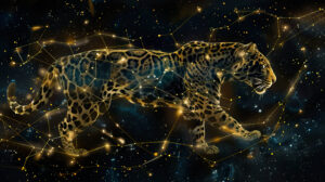 Capturing the celestial jaguar constellation merging wildlife with cosmic elements creating a distinct wallpaper titled Cosmic Wildlife Fusion