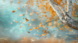 Capturing the enchanting essence of a birchwood tree in autumn with its golden leaves delicately falling to the ground in a soft breeze