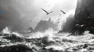 Capturing the enduring allure of a monochromatic seascape complete with crashing waves against rugged cliffs and seagulls gliding above