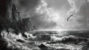 Capturing the enduring allure of a monochromatic seascape featuring waves colliding with rugged cliffs and seagulls gracefully soaring above