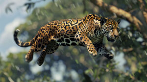 Capturing the essence of strength and grace Jaguar Springing in Dynamic Action.jpg is a mesmerizing wallpaper that beautifully illustrates agility and power