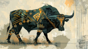 Capturing the essence of wildness and tradition this wallpaper features whimsical illustrations of black bulls adorned in tribal markings