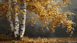 Capturing the ethereal charm of a birchwood tree in autumn where golden leaves dance and twirl in the gentle breeze this wallpaper is a timeless depiction of natures beauty
