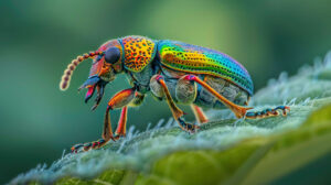 Capturing the intricate details of a colorful beetle as it crawls on a leaf this wallpaper showcases the miniature wonders of nature in macro photography