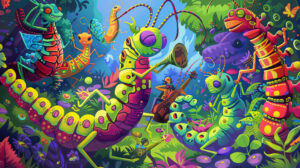 Capturing the lively essence of vibrant caterpillars frolicking in a colorful garden engaged in an array of activities like dancing and playing instruments