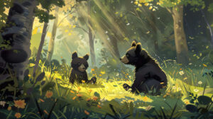 Capturing the playful spirit of black bears frolicking in a sunny clearing adds a touch of joy to the beauty of nature in this wallpaper