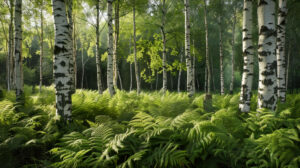 Capturing the serene beauty of a birchwood grove at dawn featuring delicate white trunks emerging amidst a lush carpet of green ferns