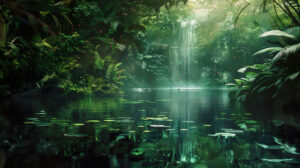 Capturing the serene beauty of nature with abstract rainforest reflections on a tranquil pond wallpaper