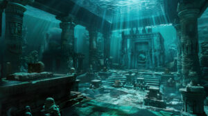 Capturing the splendor of Atlantis this wallpaper features a coral encrusted throne room adorned with regal structures and ancient artifacts