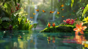 Capturing the vibrant Rainforest symphony with birds chirping insects buzzing and water flowing on your screen as a wallpaper