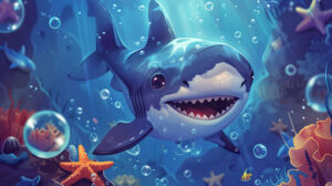 Cartoonish shark with a playful demeanor, surrounded by bubbles and starfish in a cheerful underwater scene