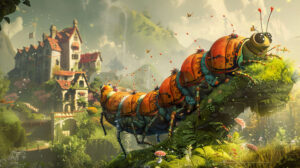 Caterpillars riding on friendly insects exploring a fantastical landscape in a whimsical wallpaper