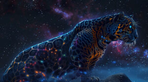 Celestial jaguar constellation, blending wildlife with cosmic elements for a unique wallpaper