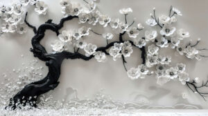 Charming black and white cherry blossom tree, its delicate flowers creating a serene atmosphere in any space