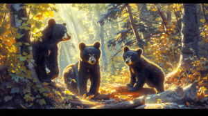 Charming black bear wallpaper featuring adorable bear cubs frolicking in a sun dappled forest