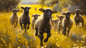 Charming black sheep wallpaper featuring adorable lambs frolicking in a sun dappled pasture