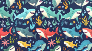 Charming shark themed pattern with rows of smiling sharks and colorful ocean motifs, perfect for adding a touch of whimsy to your wallpaper